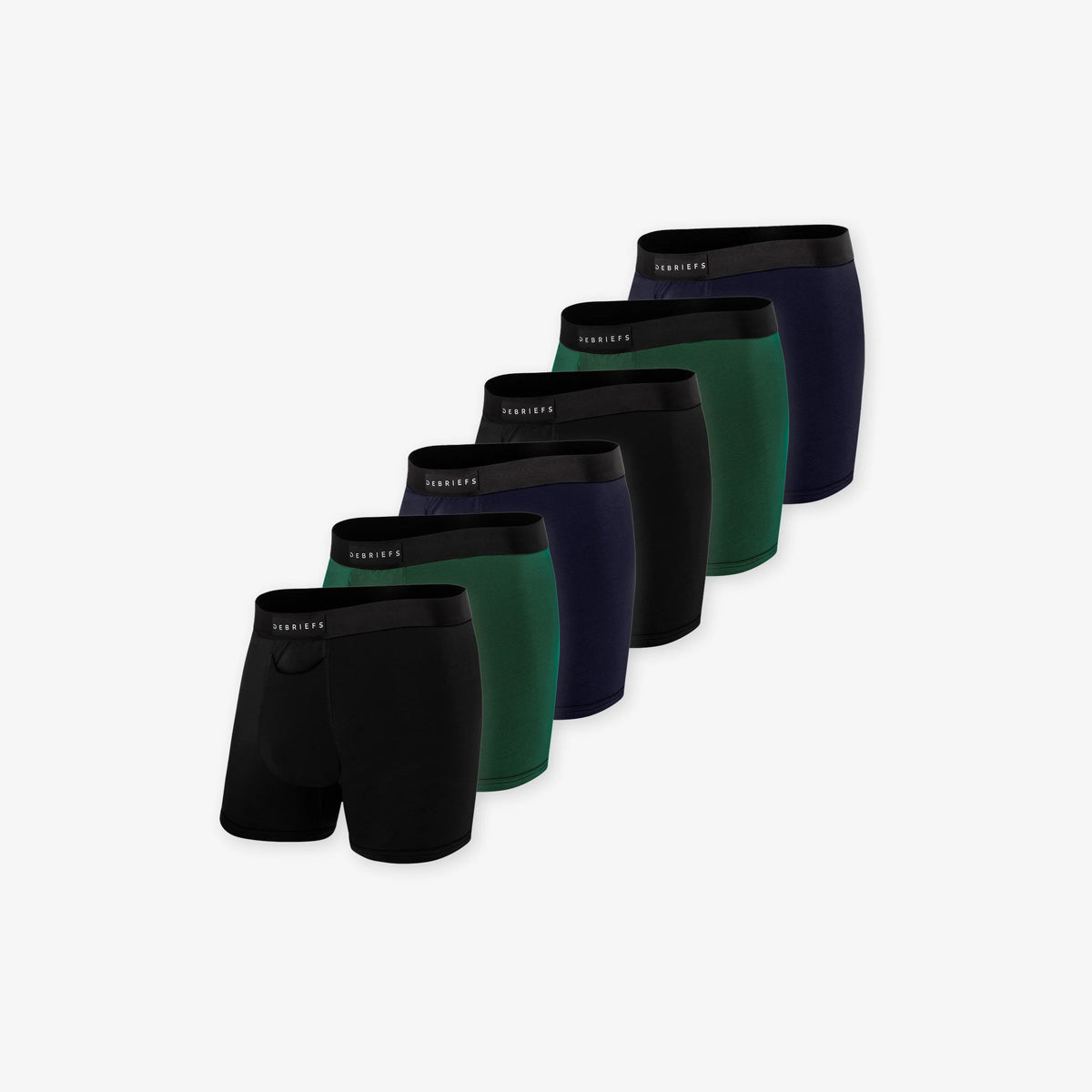 6 pack of men's boxer briefs underwear in black, forest green and midnight blue