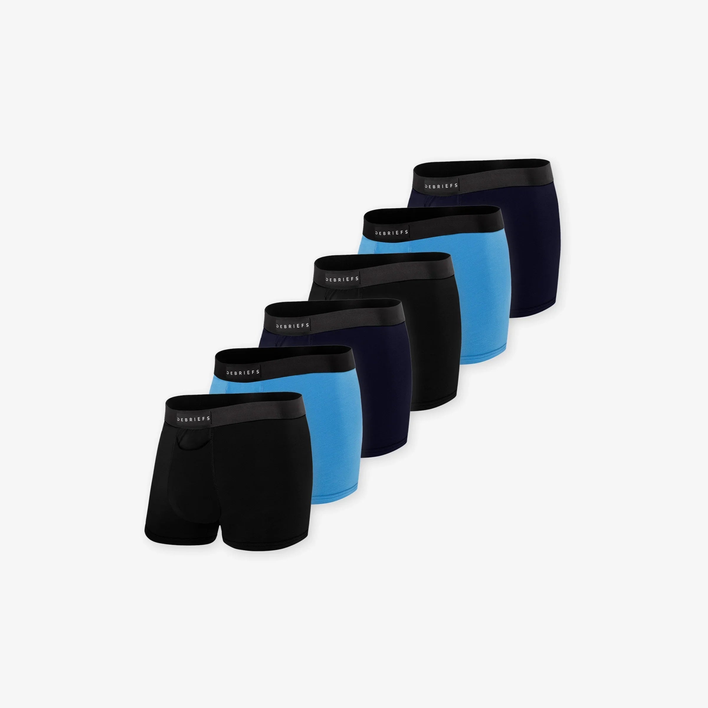 6 pack of men's trunks underwear in black, blue and navy